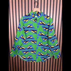 0039 Italy Shirt XL Womens Green Blue Geometric Button Down Blouse Long Sleeve